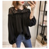 【買付】超目玉■カットソー 長袖 オフショルダーみたいな肩レース可愛いプルオーバー　袖ギャザー